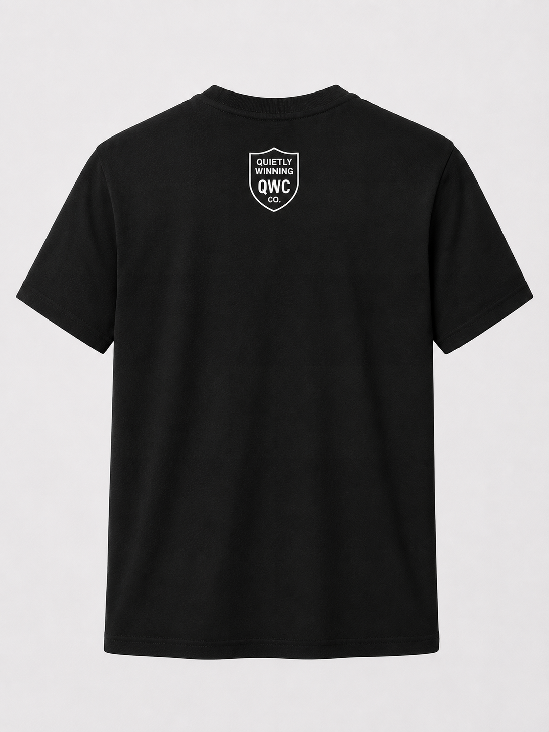 Back of black Stay Dangerous Heavyweight Graphic T-Shirt with Quietly Winning Co. neck logo.
